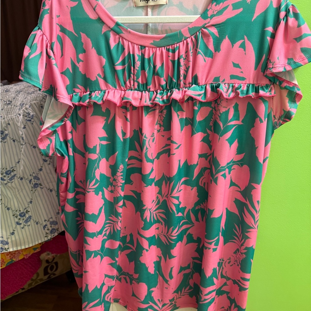 Floral Ruffle-Trim Blouse in Pink & Teal